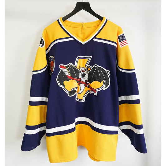 (XL) Vintage Austin Ice Bats Sewn AK Hockey Jersey Men's XL 2002-2003 Blue Yellow