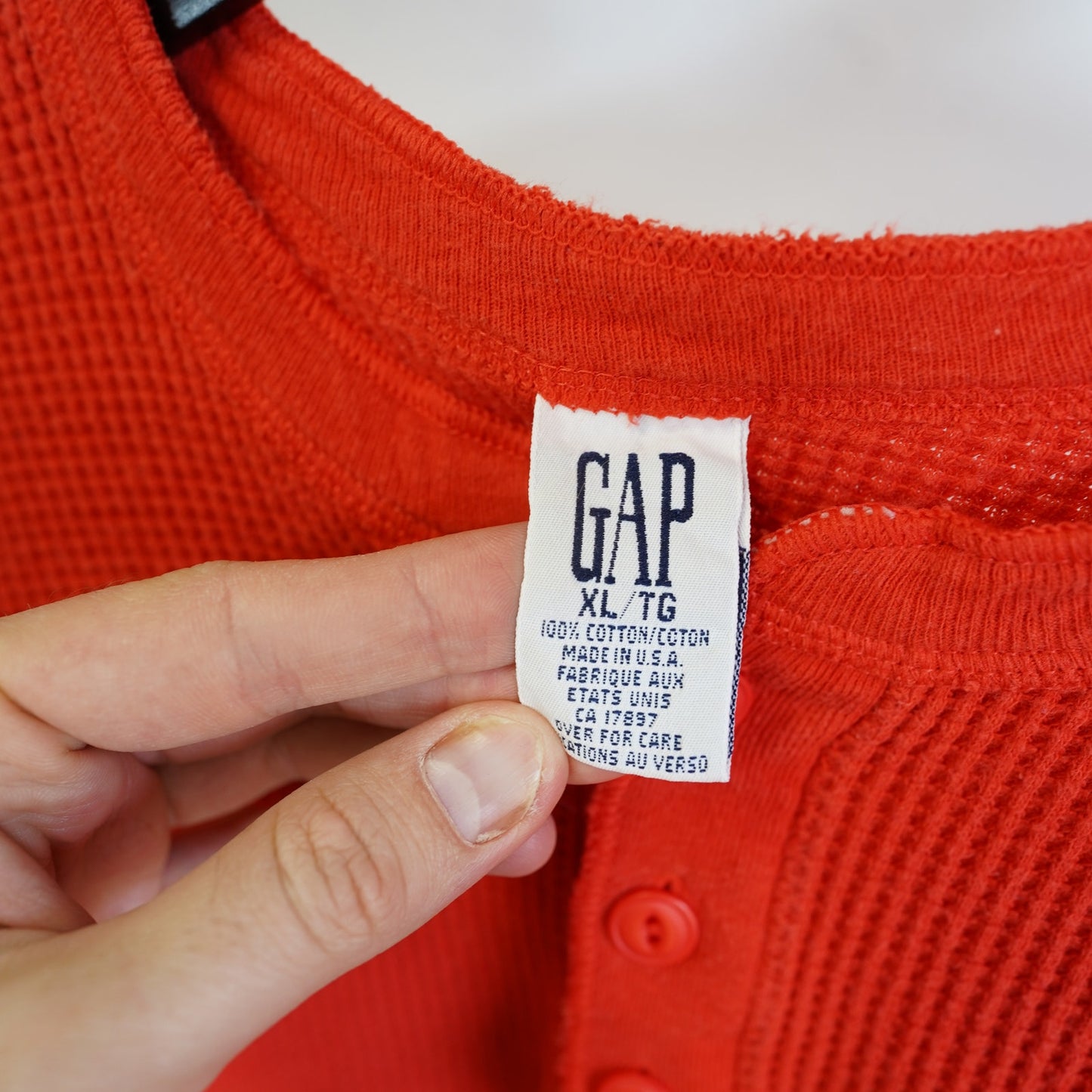 (XL) Vintage Gap Thermal Heavyweight Waffle Knit Henley T-Shirt Men's XL Orange 90s