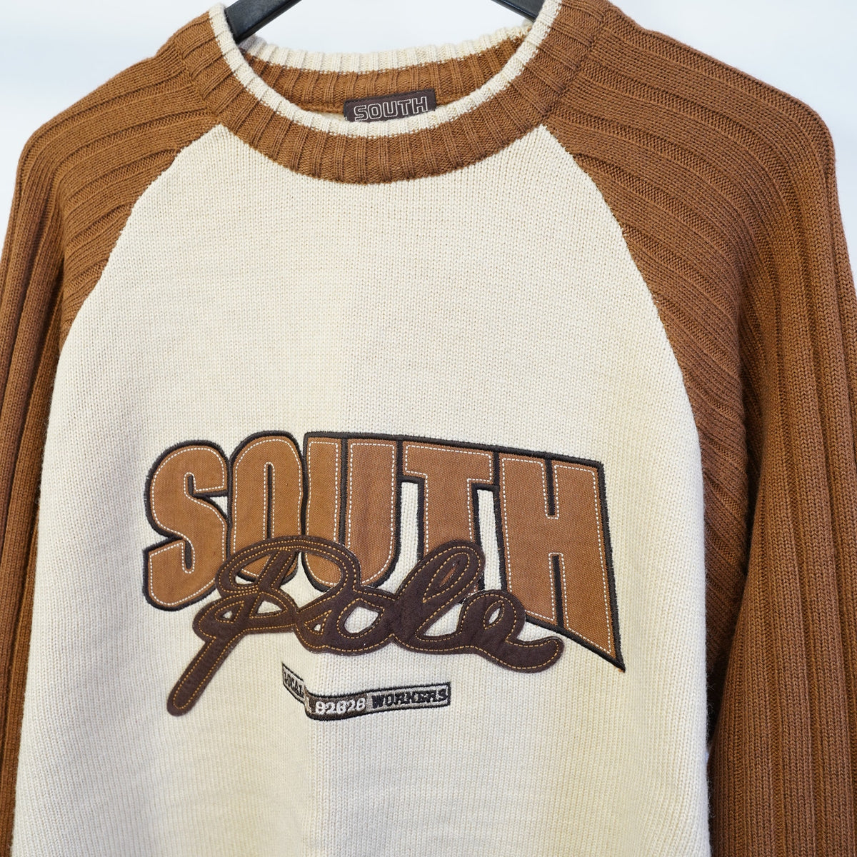 (L) Vintage Southpole Y2K Embroidered Knit Sweater Men's L Cream Tan 2000s Retro