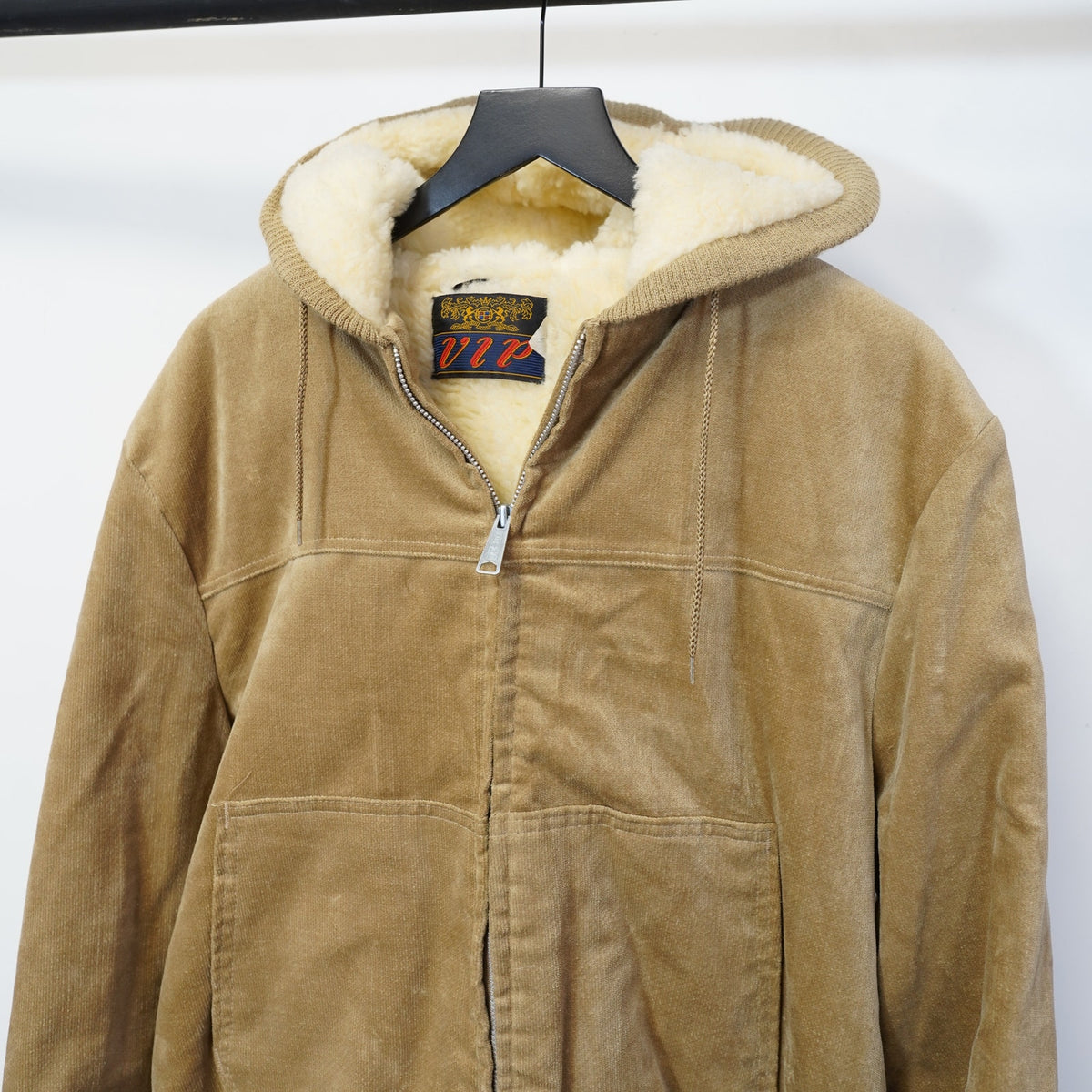 (XL) True Vintage VIP Sherpa Lined Hooded Bomber Jacket Men's XL Tan Cream Casual