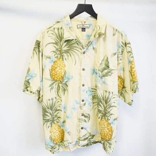 (XL) Vintage Tommy Bahama 100% Silk Hawaiian Button Up Shirt Mens XL Pineapple Yellow