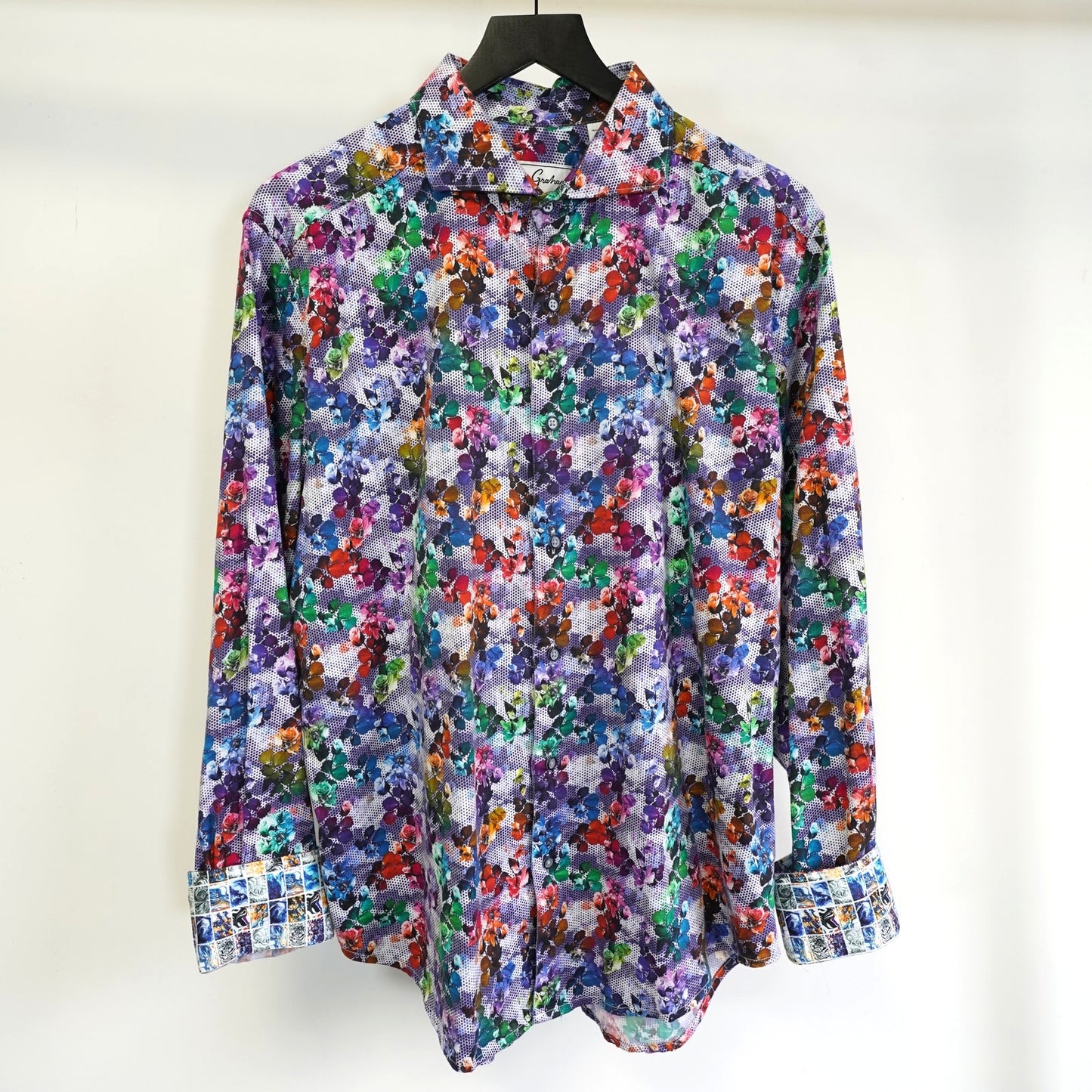 (XL) Robert Graham Pixelated Floral Print Classic Fit Button Down Shirt