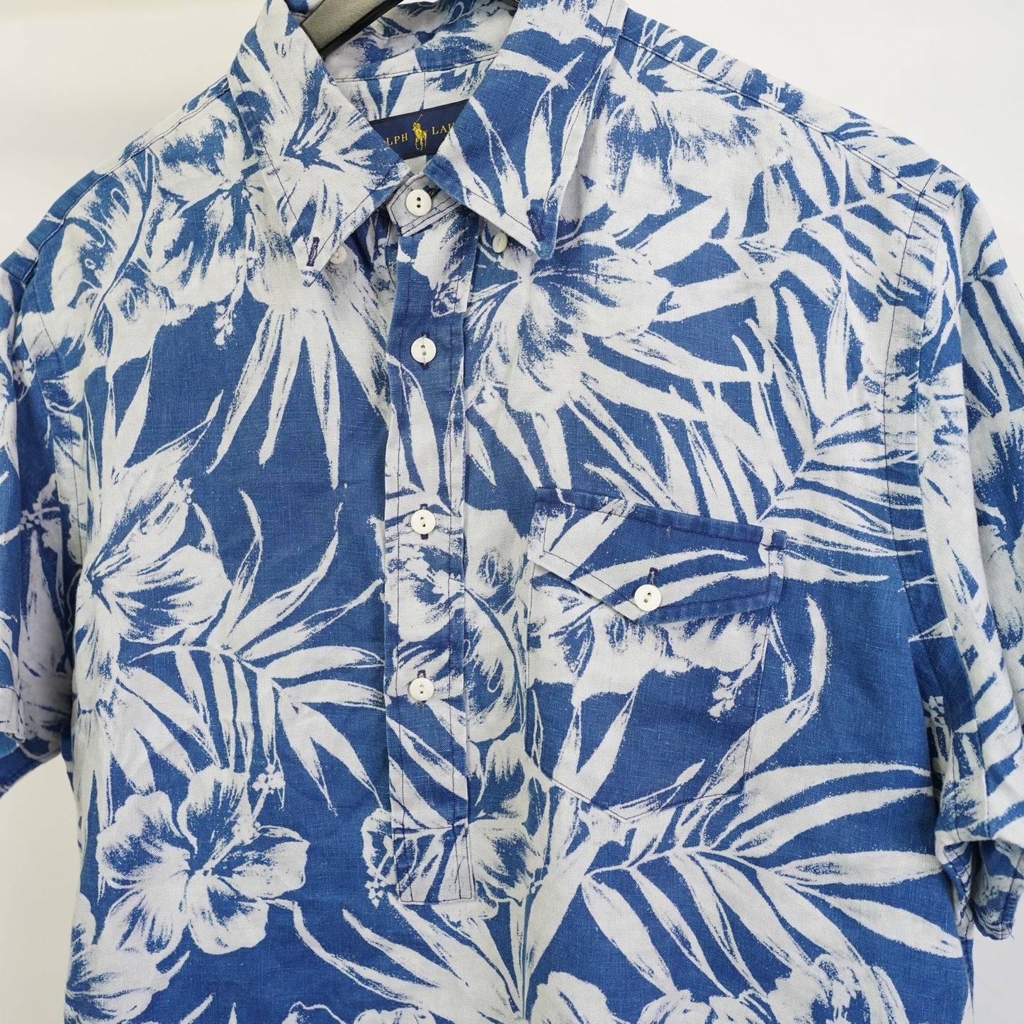 (L) Polo Ralph Lauren 100% Line Floral Popover Hawaiian Shirt Men's L Blue White