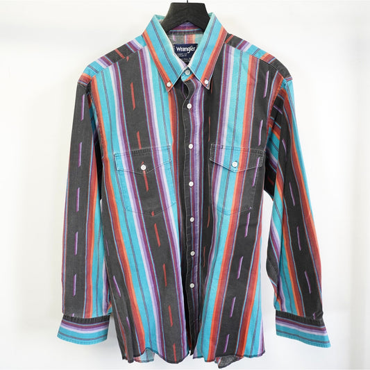 (L) Vintage Wrangler Brushpopper Western Striped Button Up Me's 16.5-34 L Multicolor