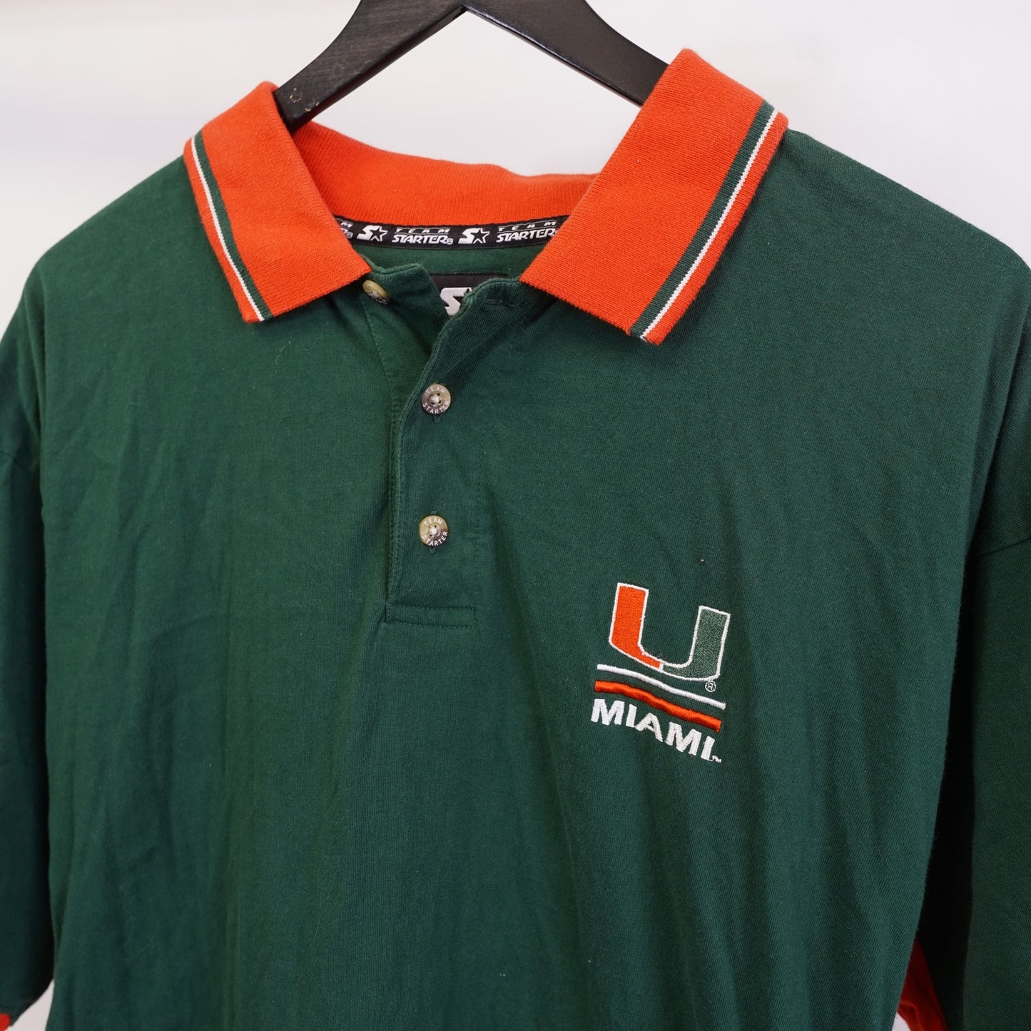 (L) Vintage University of Miami Hurricanes Starter Polo Shirt Men's L Green Orange