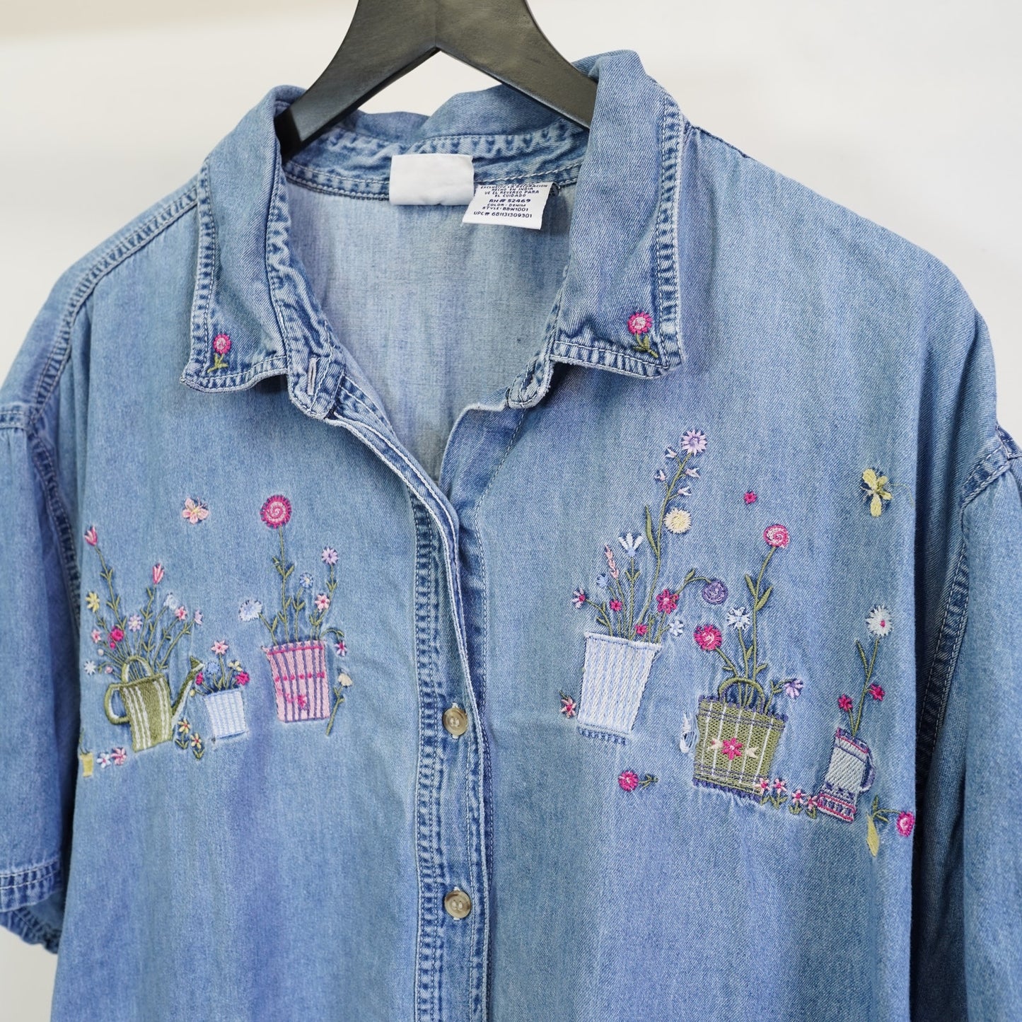 (Women's XXL) Vintage Denim Floral Gardening Nature Button Up Shirt Women's XXL Cottage 90s