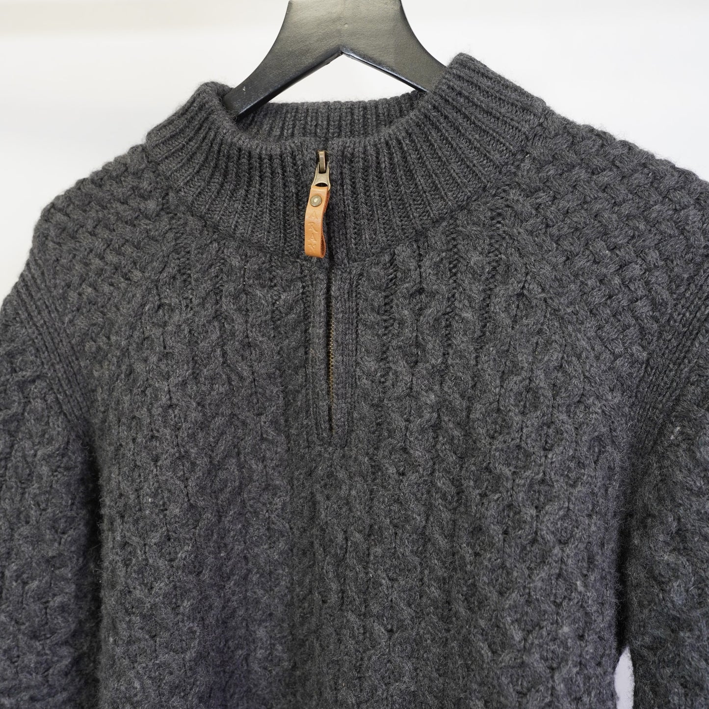 (L) Aran Sweater Market 1/4 Zip Cable Knit Wool Fisherman Sweater Men's L Gray Irish