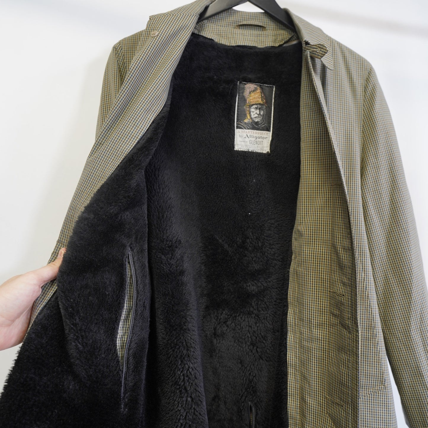 (S) True Vintage Alligator Koratron Houndstooth Trench Coat Men's 36 R Fur Lined Tan