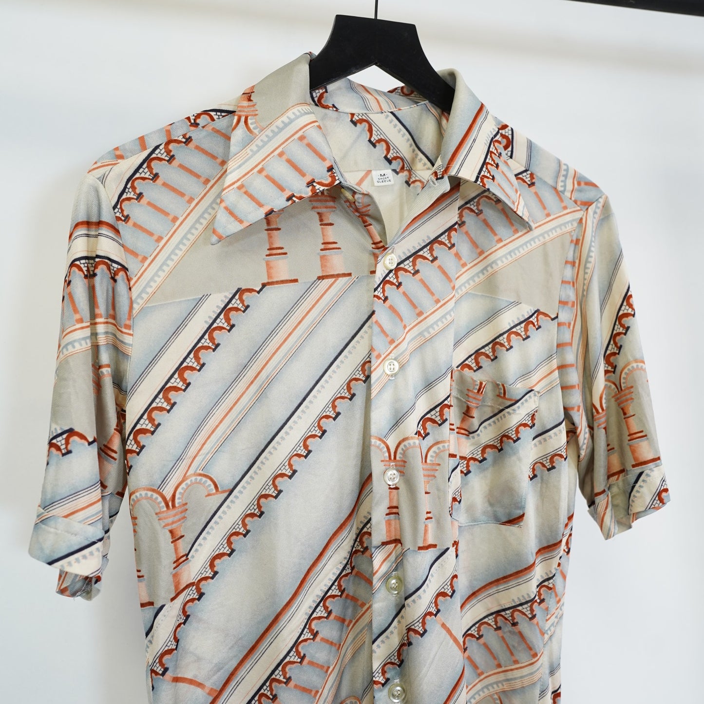 (M) True Vintage 70s Disco Architecture Button Up Shirt Men's M Boho Groovy Hippie