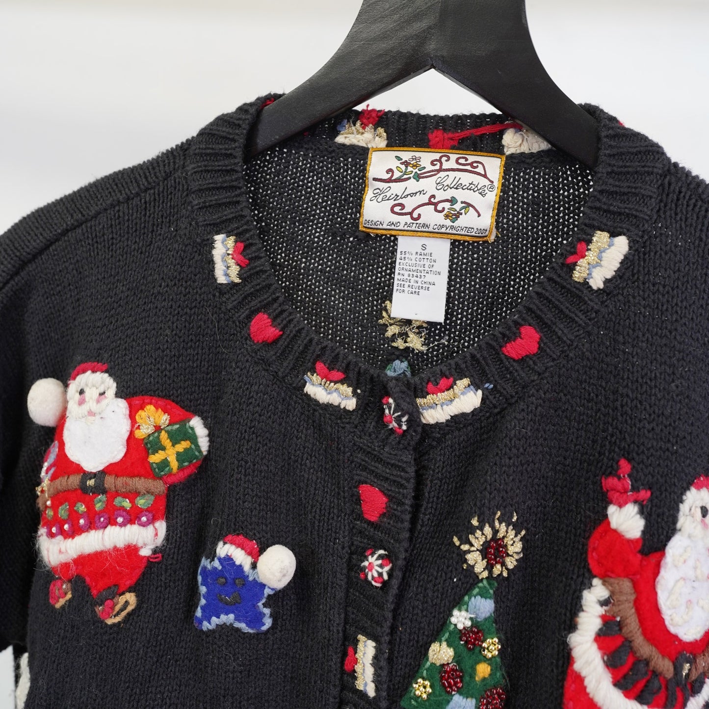 (Women's S) Vintage Holiday Christmas Knit Cardigan Sweater Women's S Santa Black Stitched