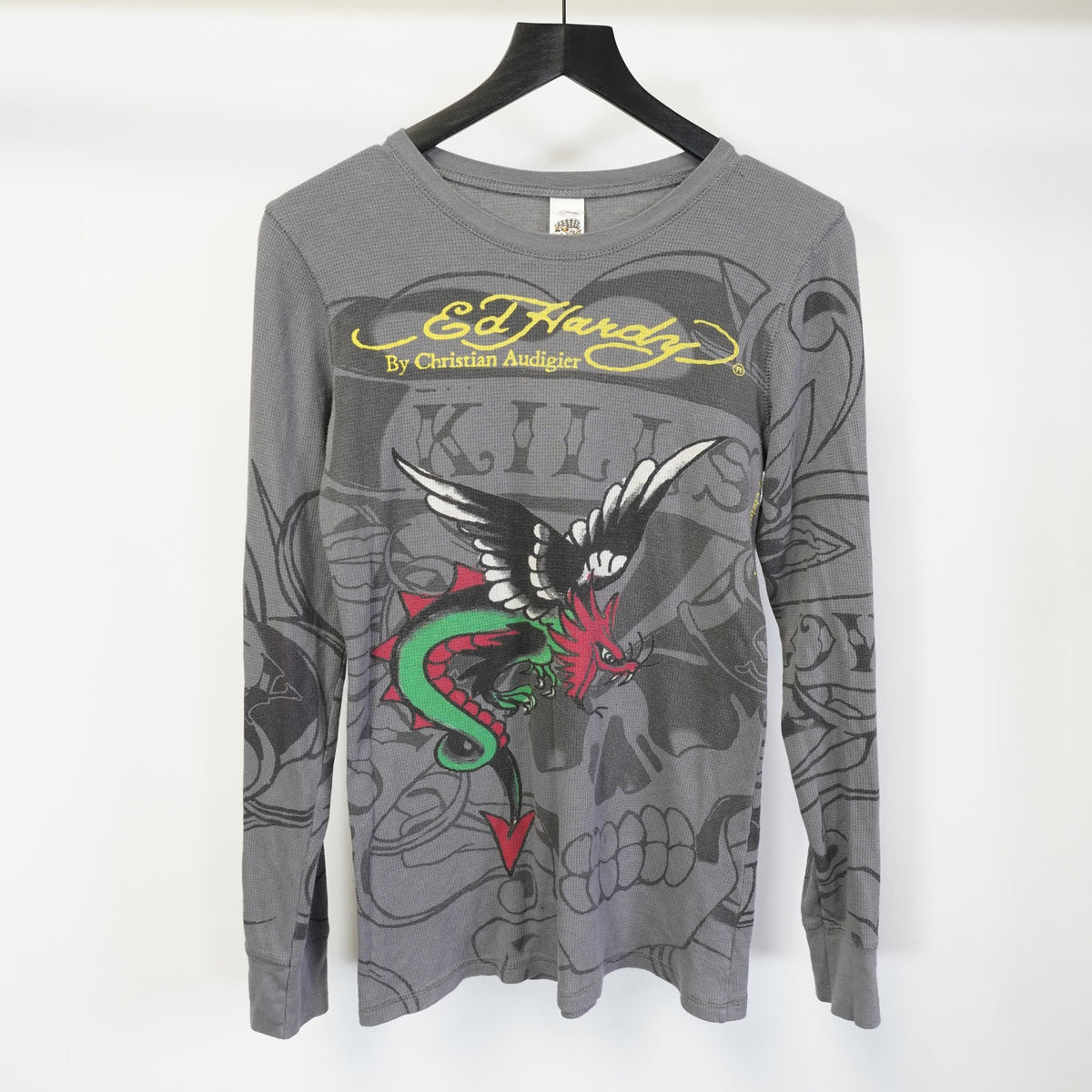 (Women's M) Vintage Ed Hardy Y2K Eagle Dragon Thermal Long Sleeve T-Shirt Emo 2000