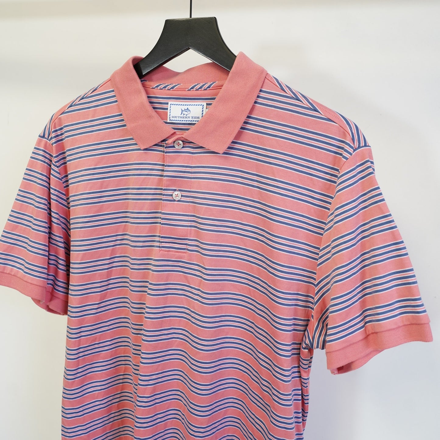 (L) Southern Tide Classic Fit Striped Golf Shirt Men's L Pink Blue Fish Preppy