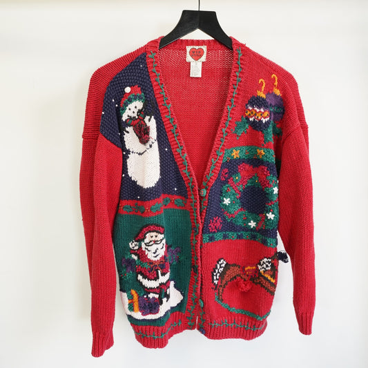 Vintage Wip Stitch Knit Holiday Christmas Sweater 90s Women's M Santa Frosty Red