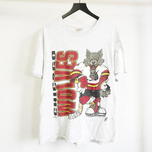 (XL) Vintage Chicago Wolves Nutmeg Mills All Over Print Hockey T-Shirt Men's XL Gray