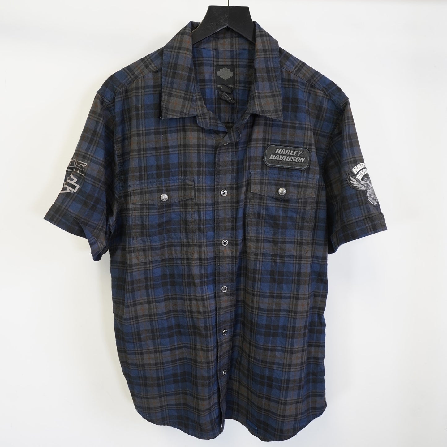 (L) Harley Davidson Motorcycles Plaid Biker Button Up Shirt Men's L Blue Black