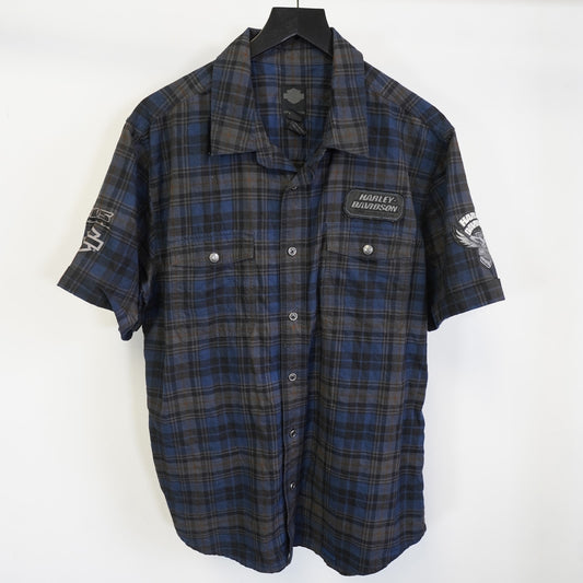 (L) Harley Davidson Motorcycles Plaid Biker Button Up Shirt Men's L Blue Black