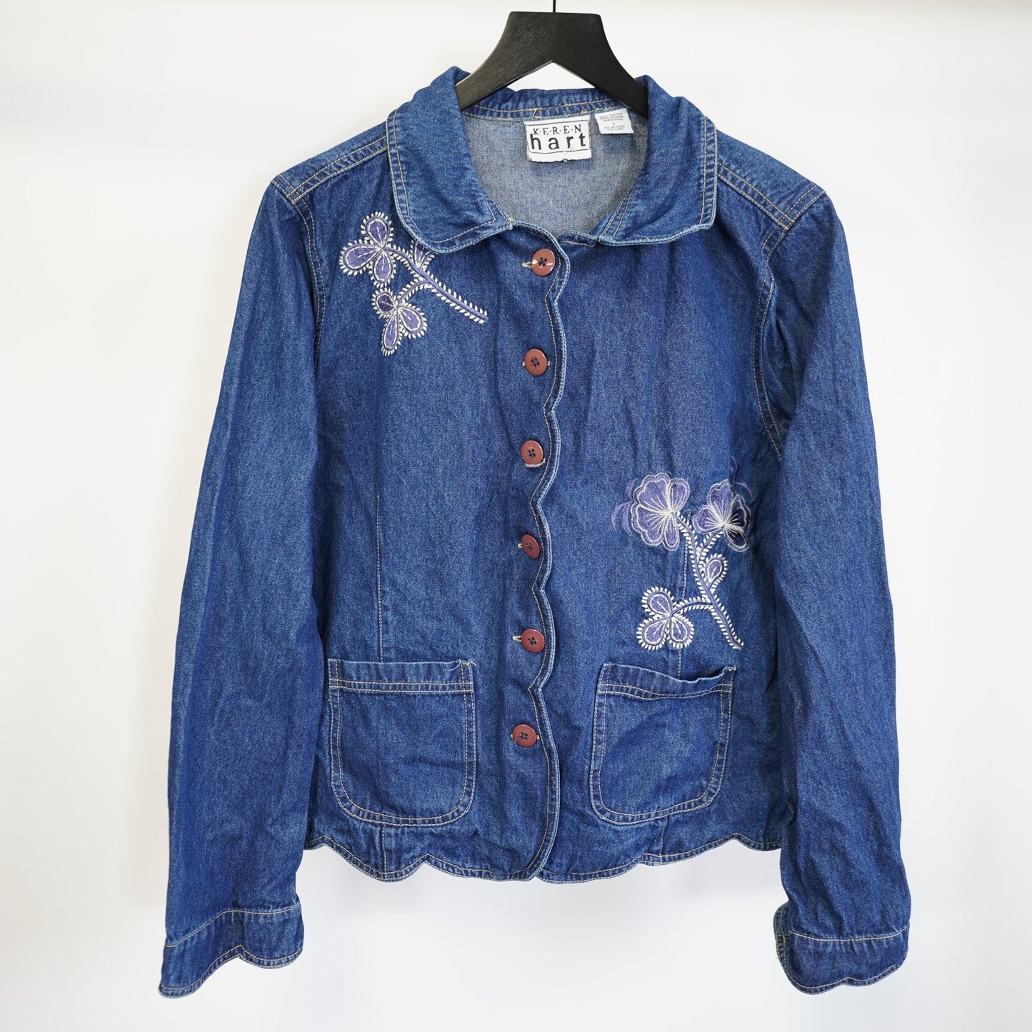 (Women's L) Vintage Floral Embroidered Denim Jacket Women's L Boho Y2K Cottage Flower Blue