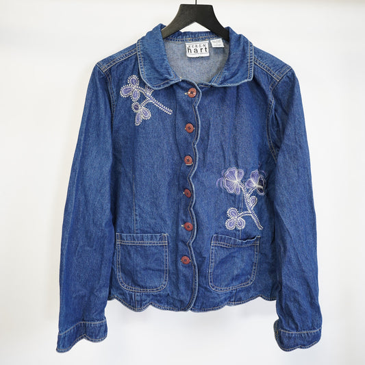 (Women's L) Vintage Floral Embroidered Denim Jacket Women's L Boho Y2K Cottage Flower Blue