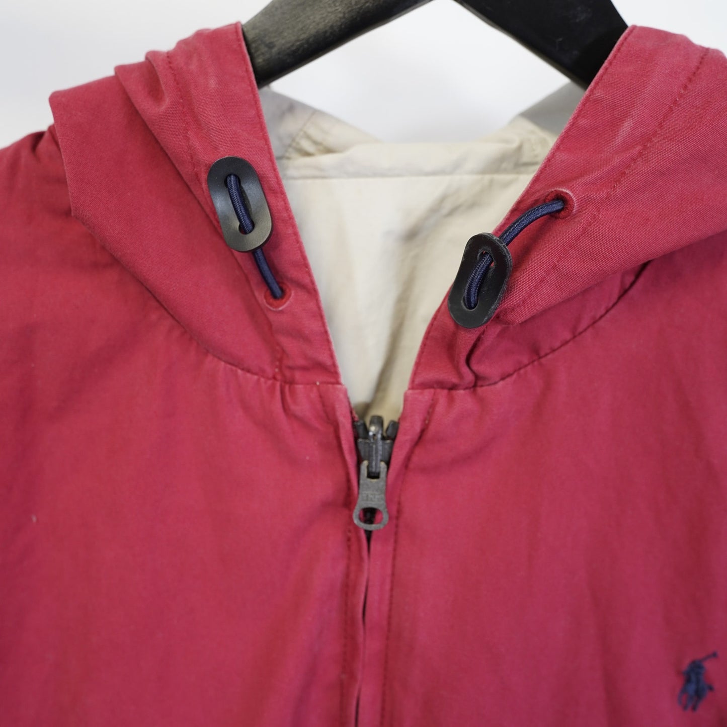 (L) Vintage Polo Ralph Lauren Reversible Hooded Rain Jacket Men's L Red Cream