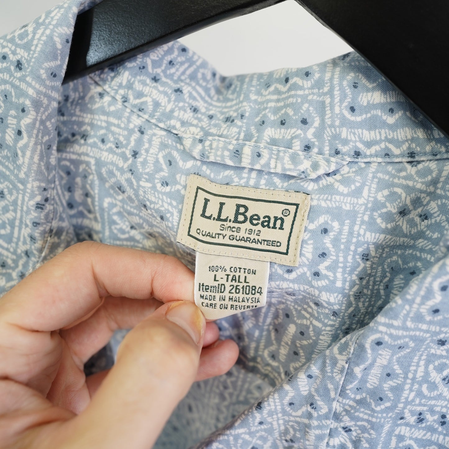 (L) Vintage L.L. Bean Hawaiian Camp Shirt Men's L Tall Blue 90s Retro Hiking AOP