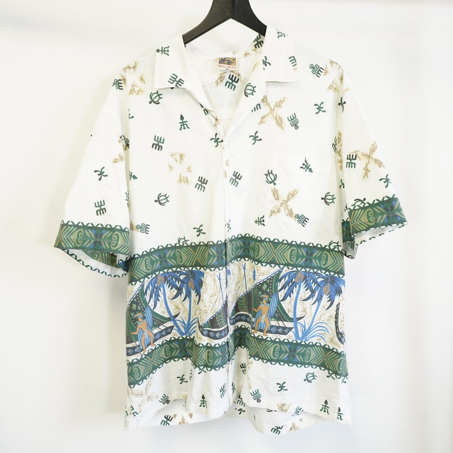 (XXL) Vintage 90s Polynesian Hawaiian Shirt Men's XXL White Green Tropical USA Made