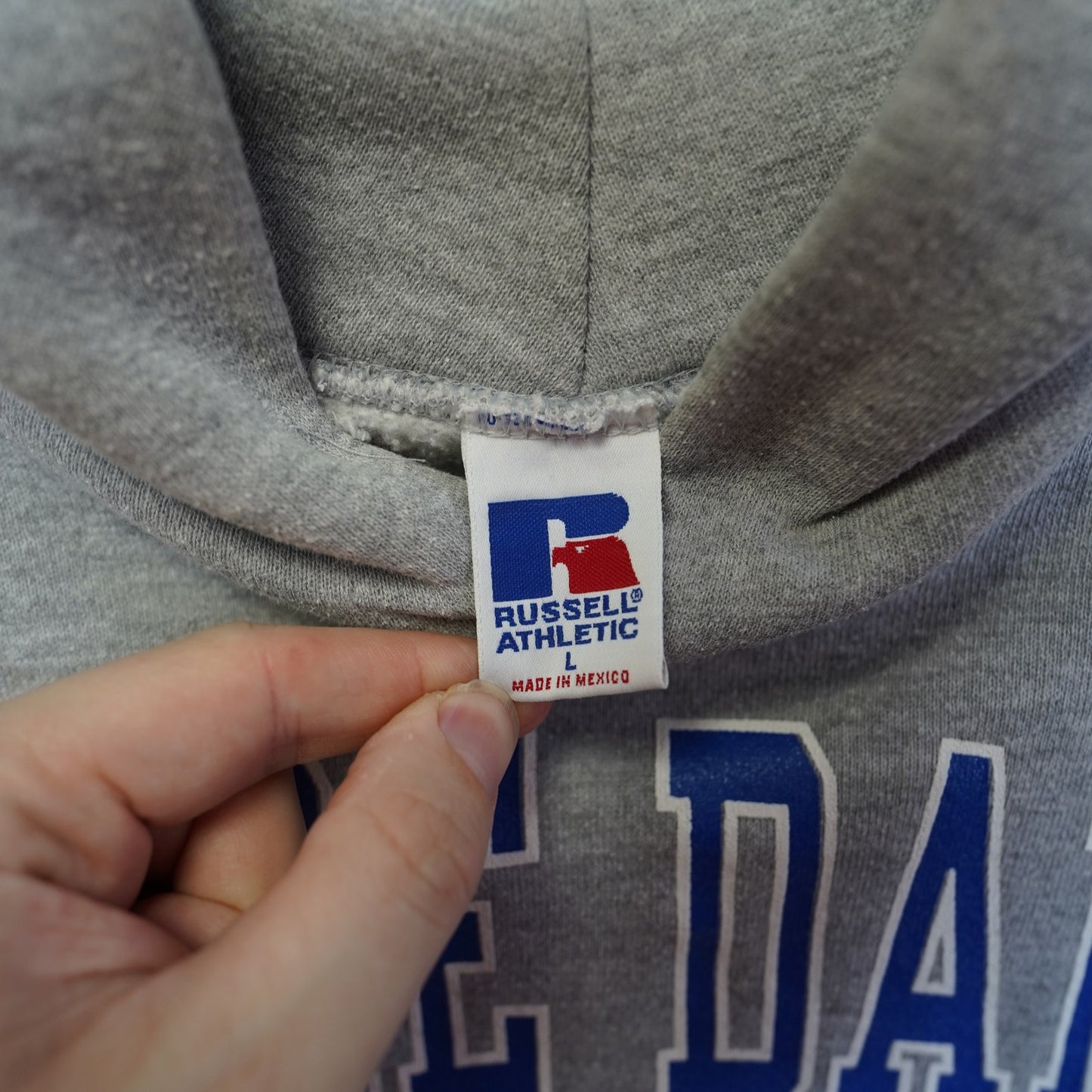 (L) Vintage Notre Dame College Russell Athletic Hoodie Men's L Gray