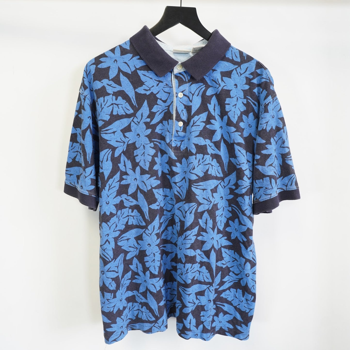 (XL) Vintage L.L. Bean 90s Hawaiian Floral Polo Shirt Men's XL Blue Retro Casual