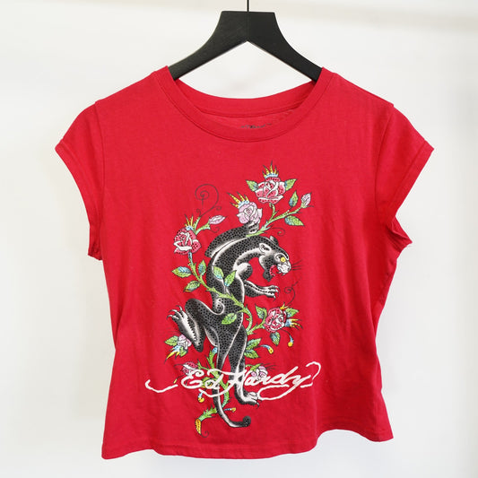 (Women's L) Ed Hardy Y2K Panther Rhinestone Cherry Crop T-Shirt Womens L Red Bedazzled 2000s