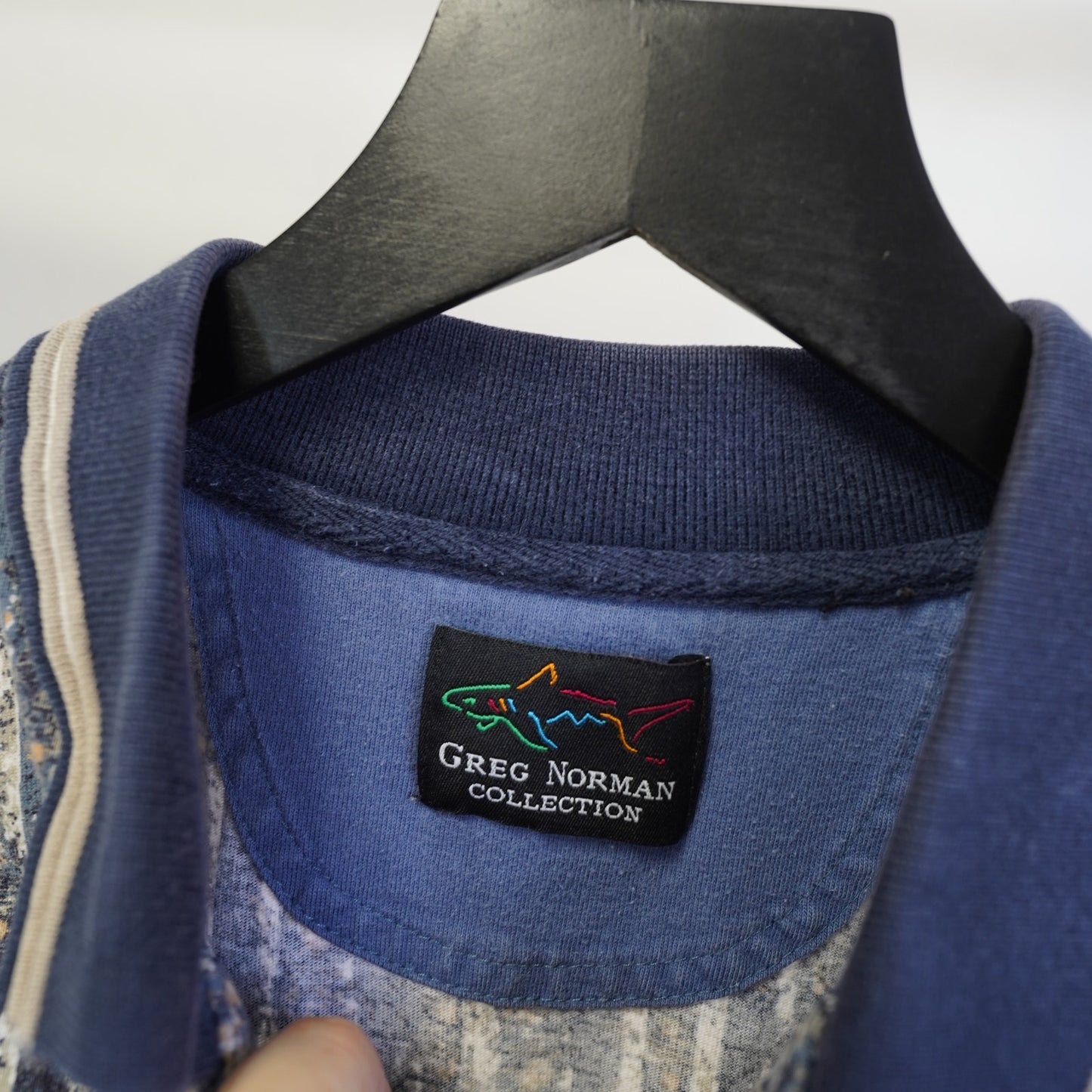 Vintage Greg Norman 90s All Over Print Golf Polo Shirt Men's L Navy Shark