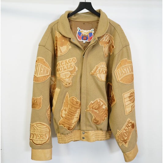 (5XL) Vintage Jeff Hamilton NBA Logo Patch Leather Jacket Men's Tan Wool Hip Hop