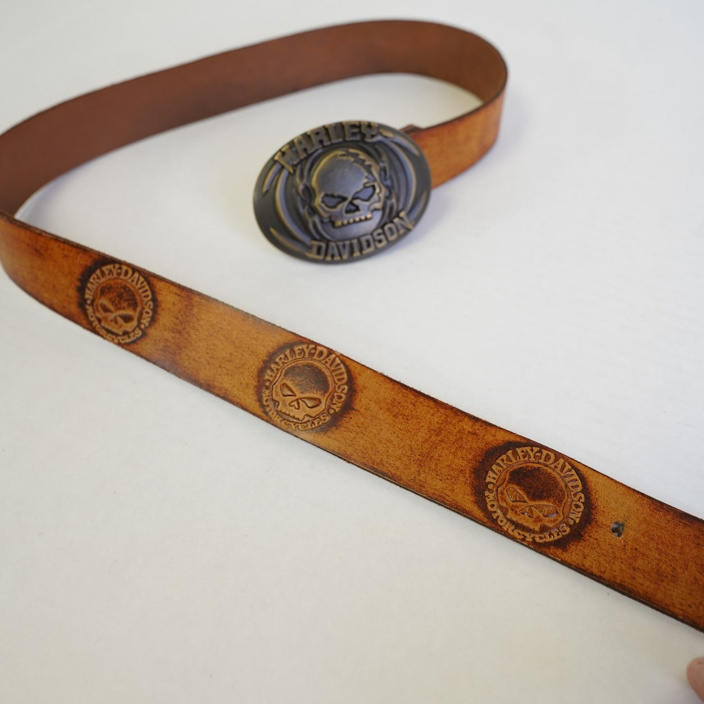 (Sz. 38) Vintage Harley Davidson Willie G. Skull Biker Belt Buckle Leather 2008 Brown Sz. 38