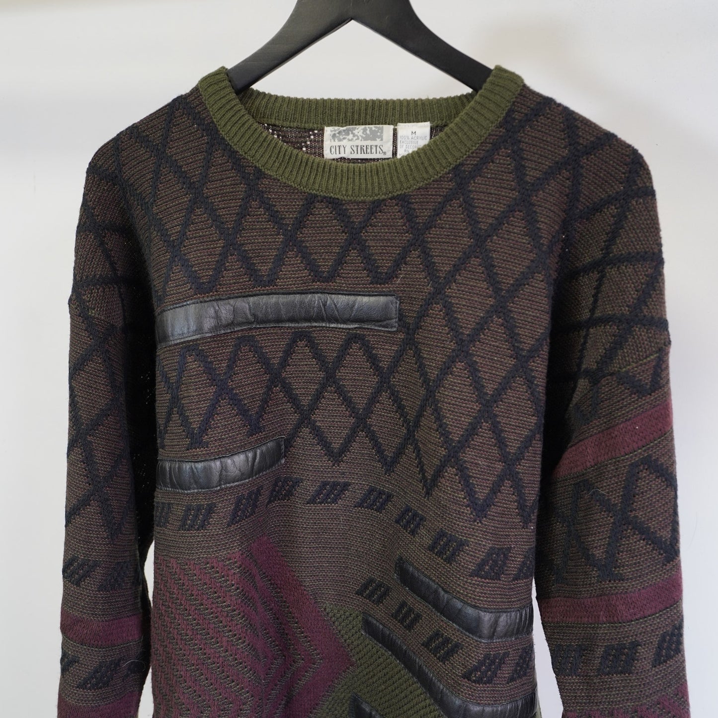 (M) Vintage City Streets 90s Knit Sweater Men's M Pullover Red Green Retro