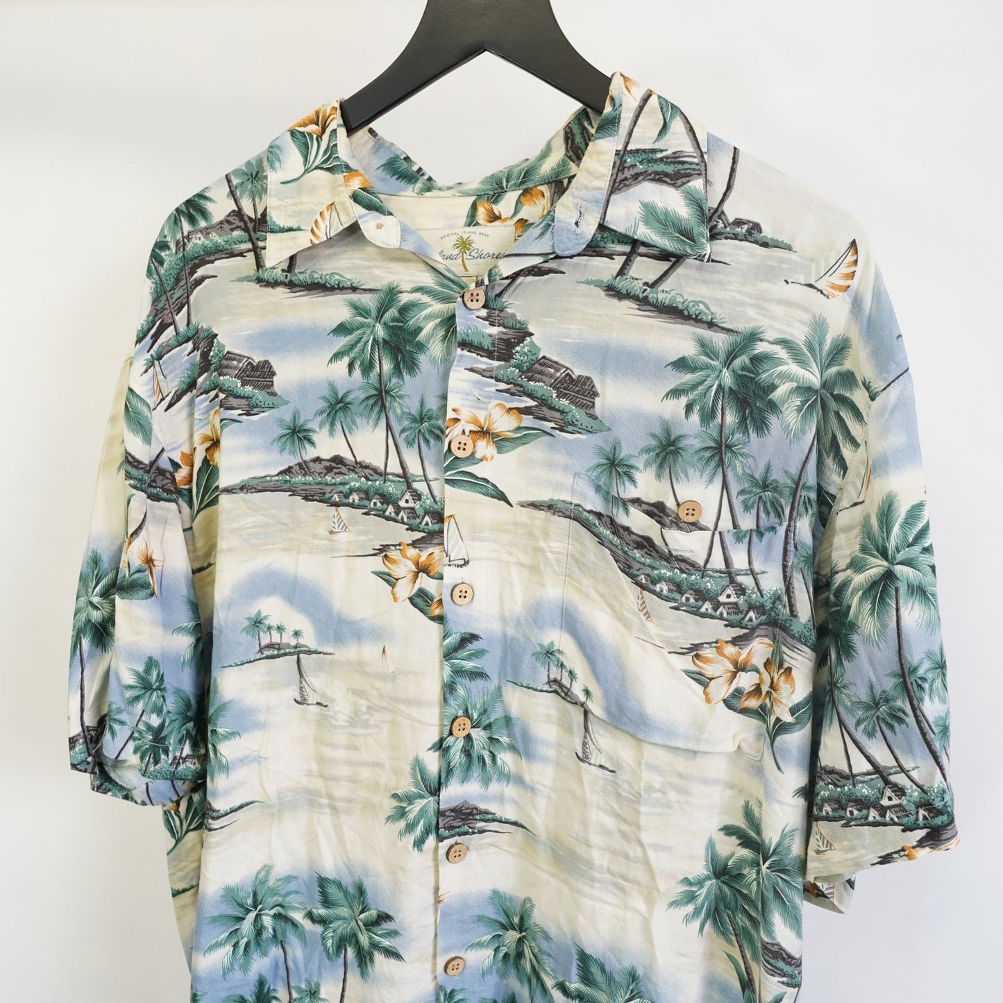 (L) Vintage Island Shores Floral Hawaiian Shirt Men's L Tropical Palm Tree White