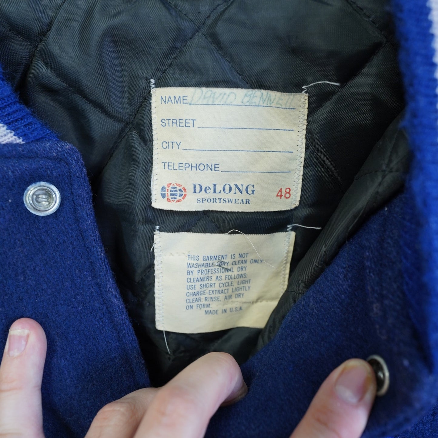 (XL) Vintage Ford Mustang DeLong Varsity Jacket Men's XL Sz. 48 Blue Tan Leather Wool