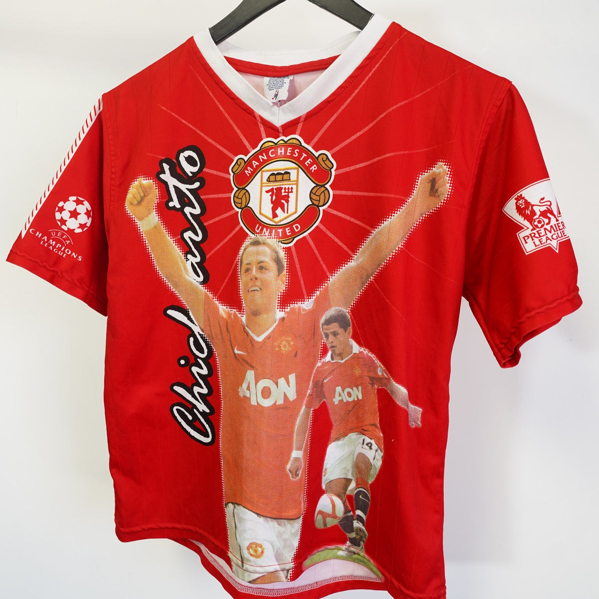 (Boys L) Chicharito Manchester United All Over Print Vintage Soccer Jersey Kids L/XL Red