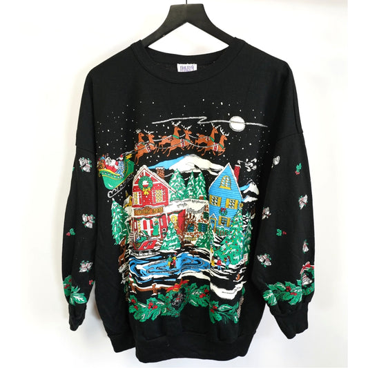 (XL/Women's XXL)Vintage Christmas Holiday Sweatshirt Rudolph Santa 90s Women's XXL AOP Black