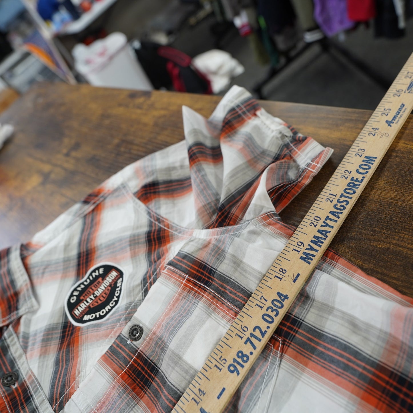 (S) Harley Davidson Motorcycles Plaid Button Up Biker Work Shirt Mens S White Orange