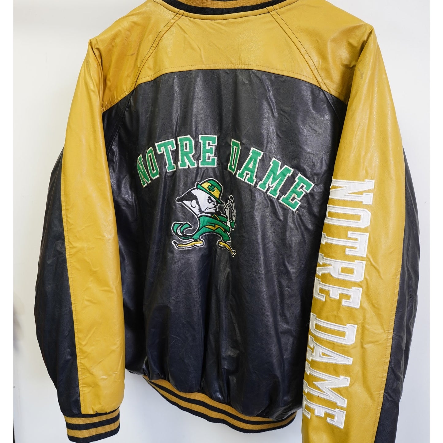 (L) Vintage Notre Dame Fighting Irish Leather Varsity Jacket Men's L Navy Gold Retro