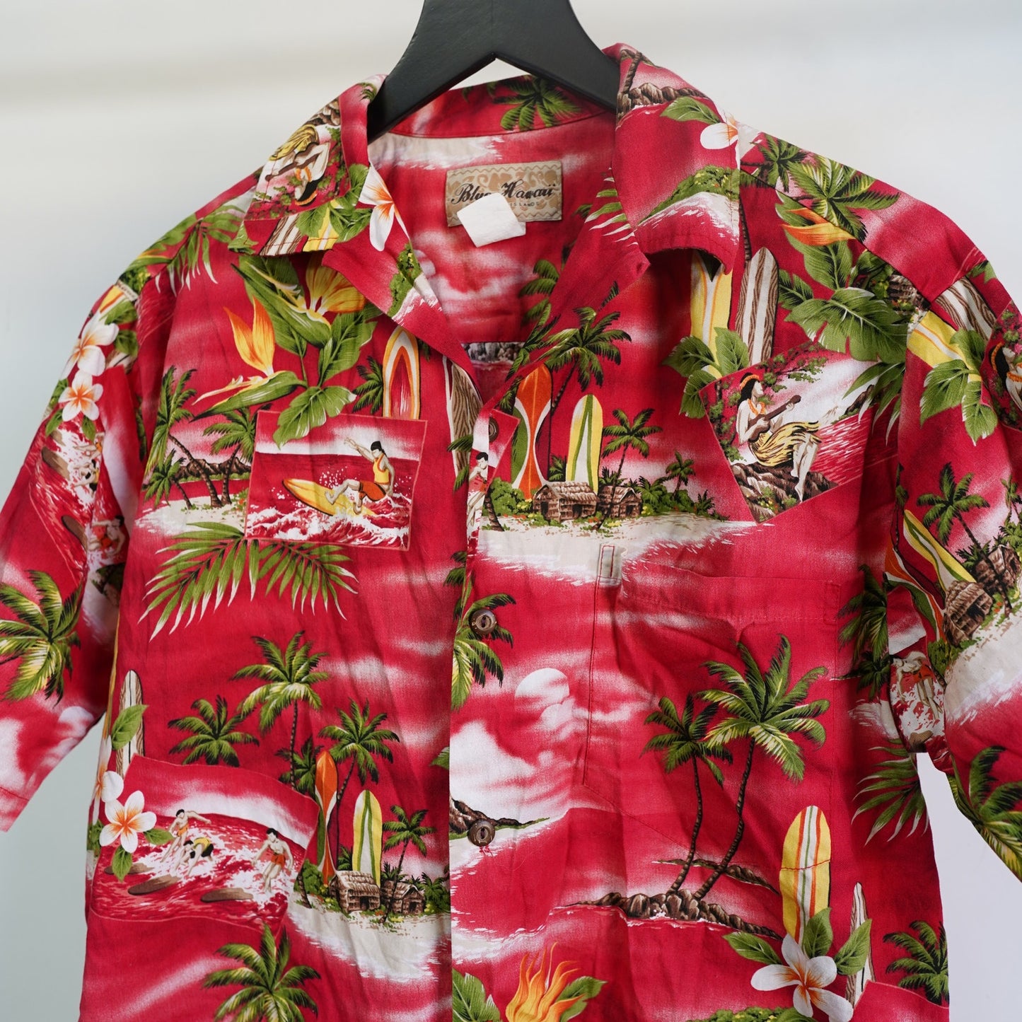 (M) Vintage Blue Hawaii 90s Hawaiian Button Down Shirt Men's M Red Palm Tree Surf