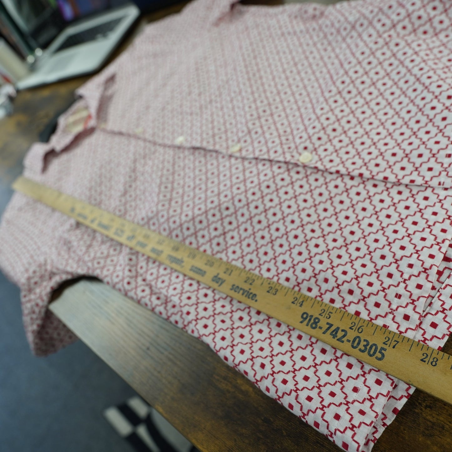 (S) Portuguese Flannel Tile Camp Button Up Shirt Men's S Red White Embroidered