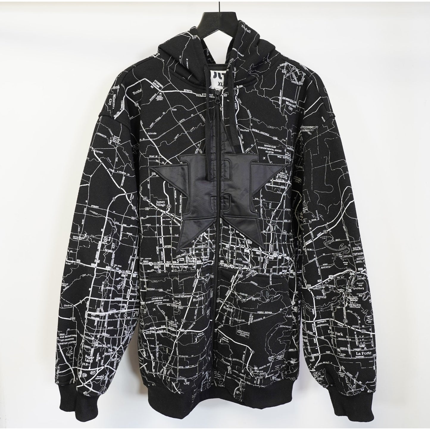 (XL) Vintage Houston City Map Embroidered Hip Hop Hoodie Men's XL Black Y2K Astros