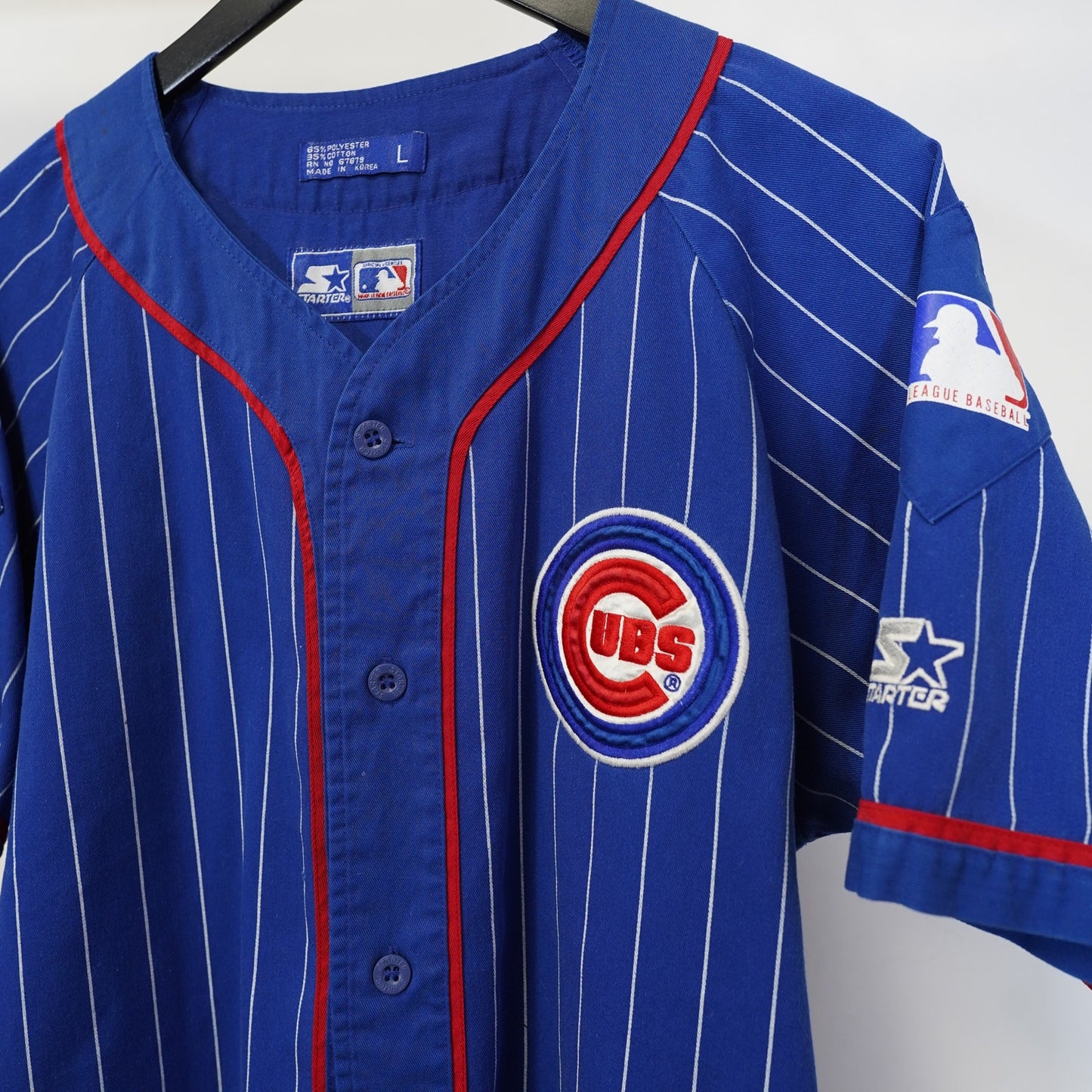 (L) Vintage Starter Pinstripe Chicago Cubs Embroidered Baseball Jersey Men's L Blue