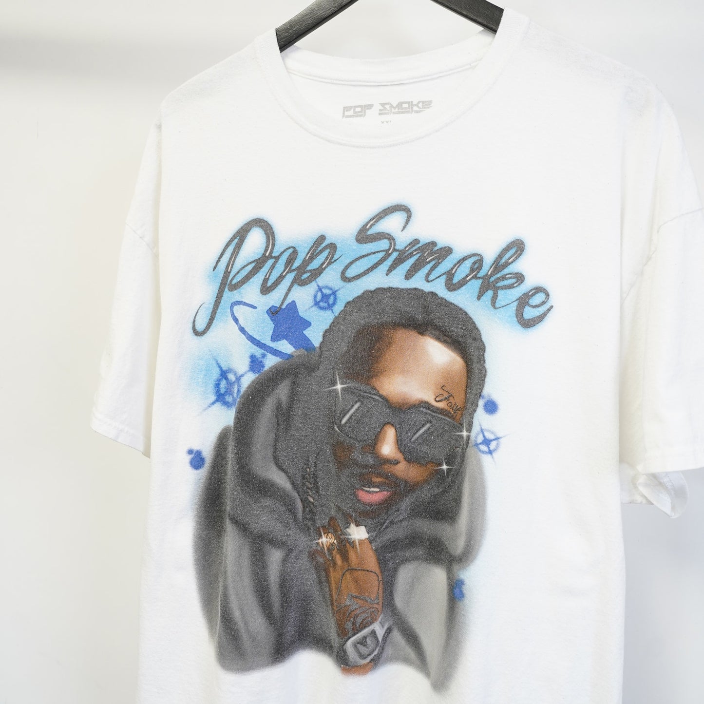 (XXL) Pop Smoke Air Brush Rap Concert Tour Tribute T-Shirt Men's XXL White Streetwear