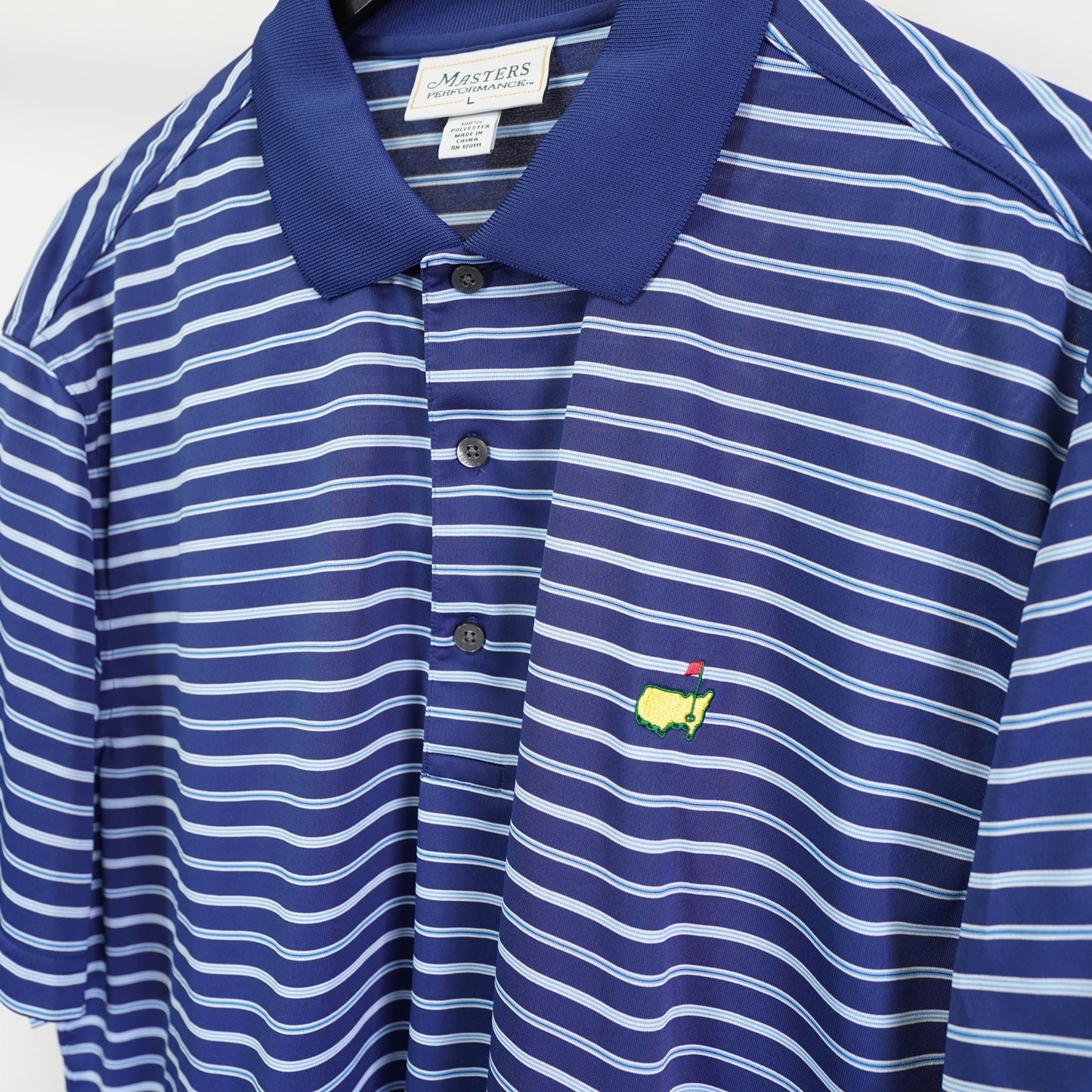 (L) Vintage The Masters Performance Striped Golf Polo Shirt Men's L Blue White