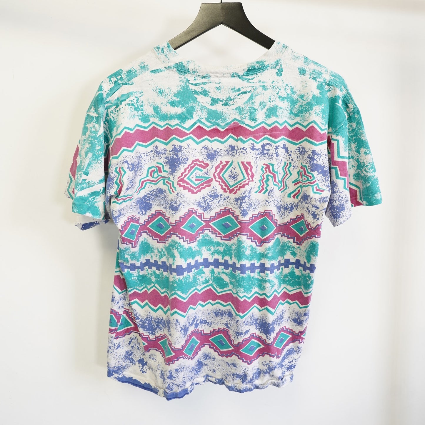 (L) Vintage Laguna 90s Striped Surf Skate T-Shirt Men's L All Over Print Aqua Pink