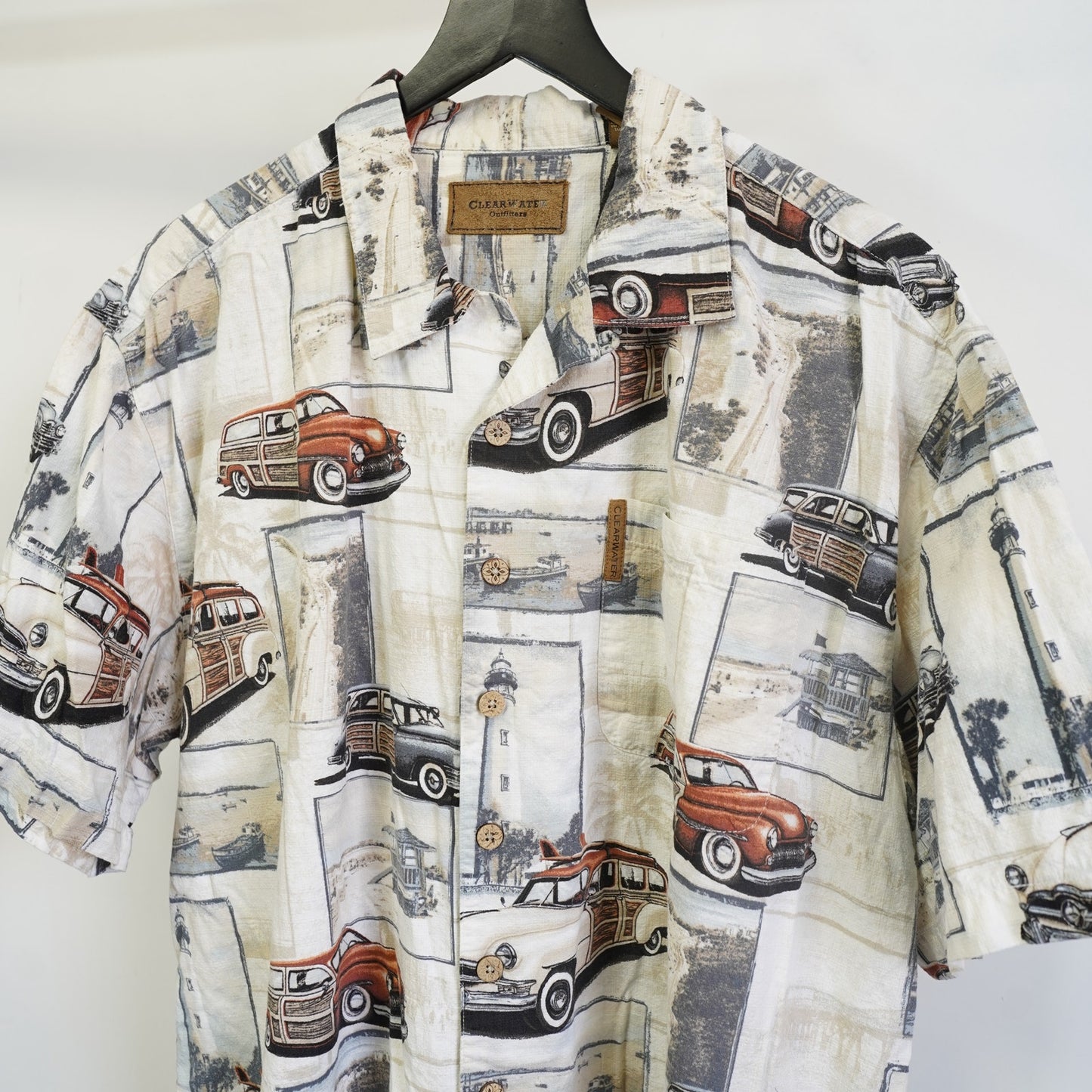 (L) Vintage Clearwater Hawaiian Shirt Men's L Station Wagon White Tropical Surf
