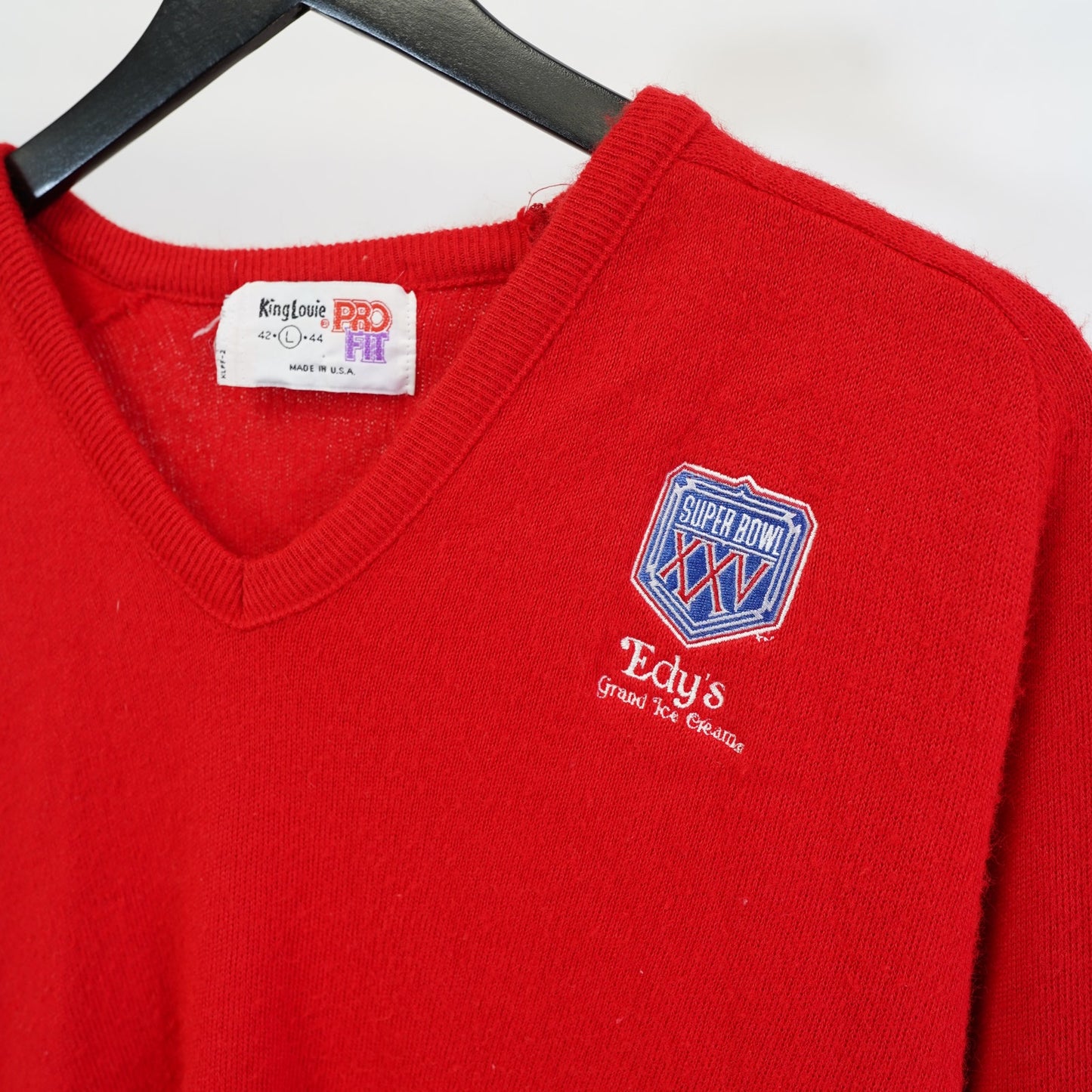 (L) Vintage Superbowl 25 King Louie Red V-Neck Knit Sweater Men's L 90s Retro NFL