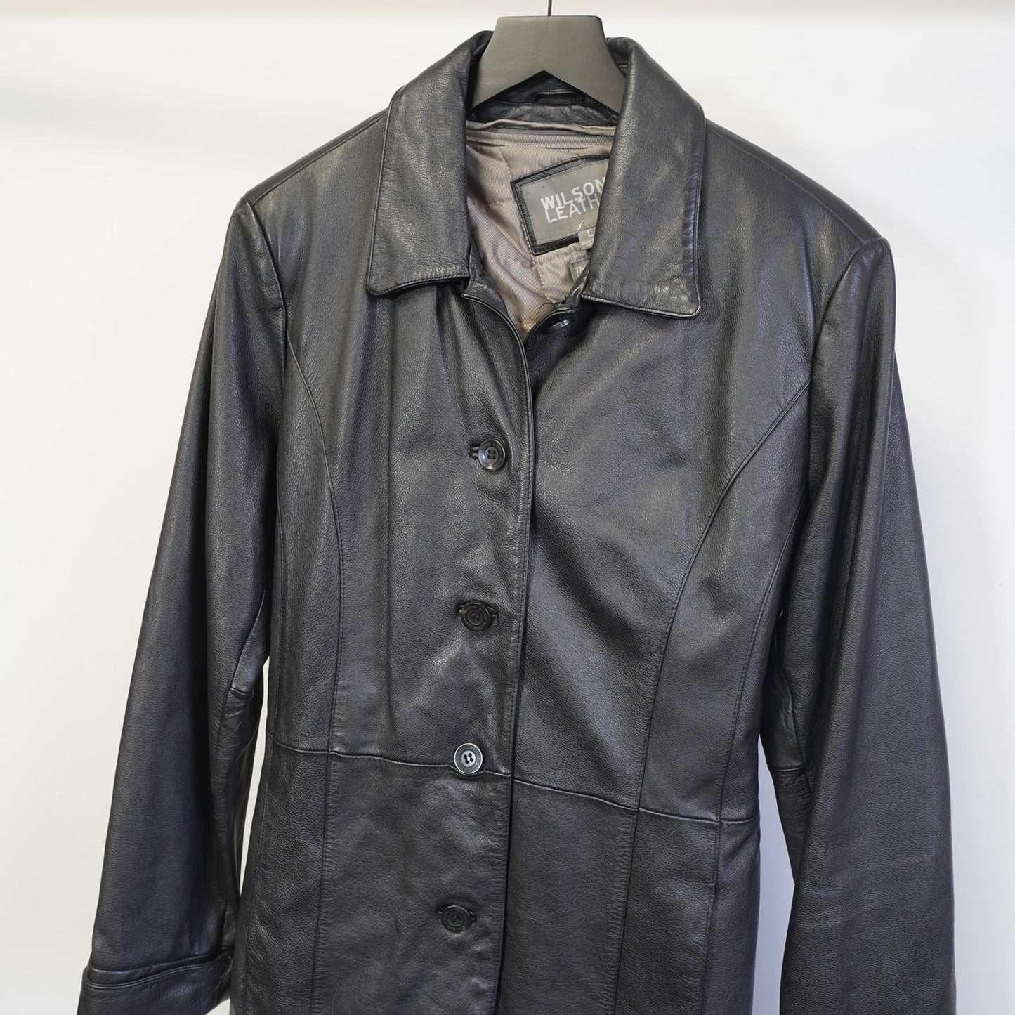 (Women's L) Vintage Wilson's Leather Button Up Jacket Belted Women's L Black Coat 90s