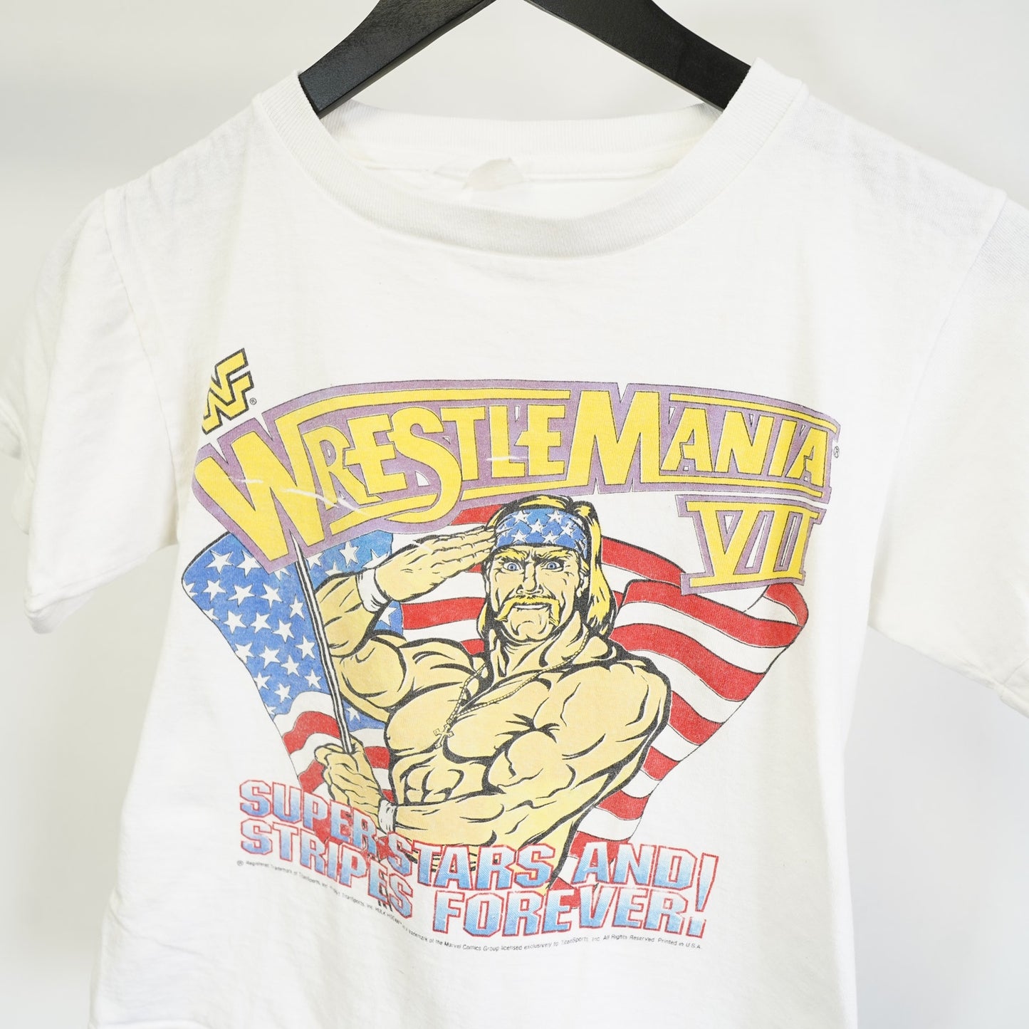 (Boys M/L) Vintage Wrestlemania VII Hulk Hogan 90s T-Shirt Boys M/L 10-12 White WWF WWE