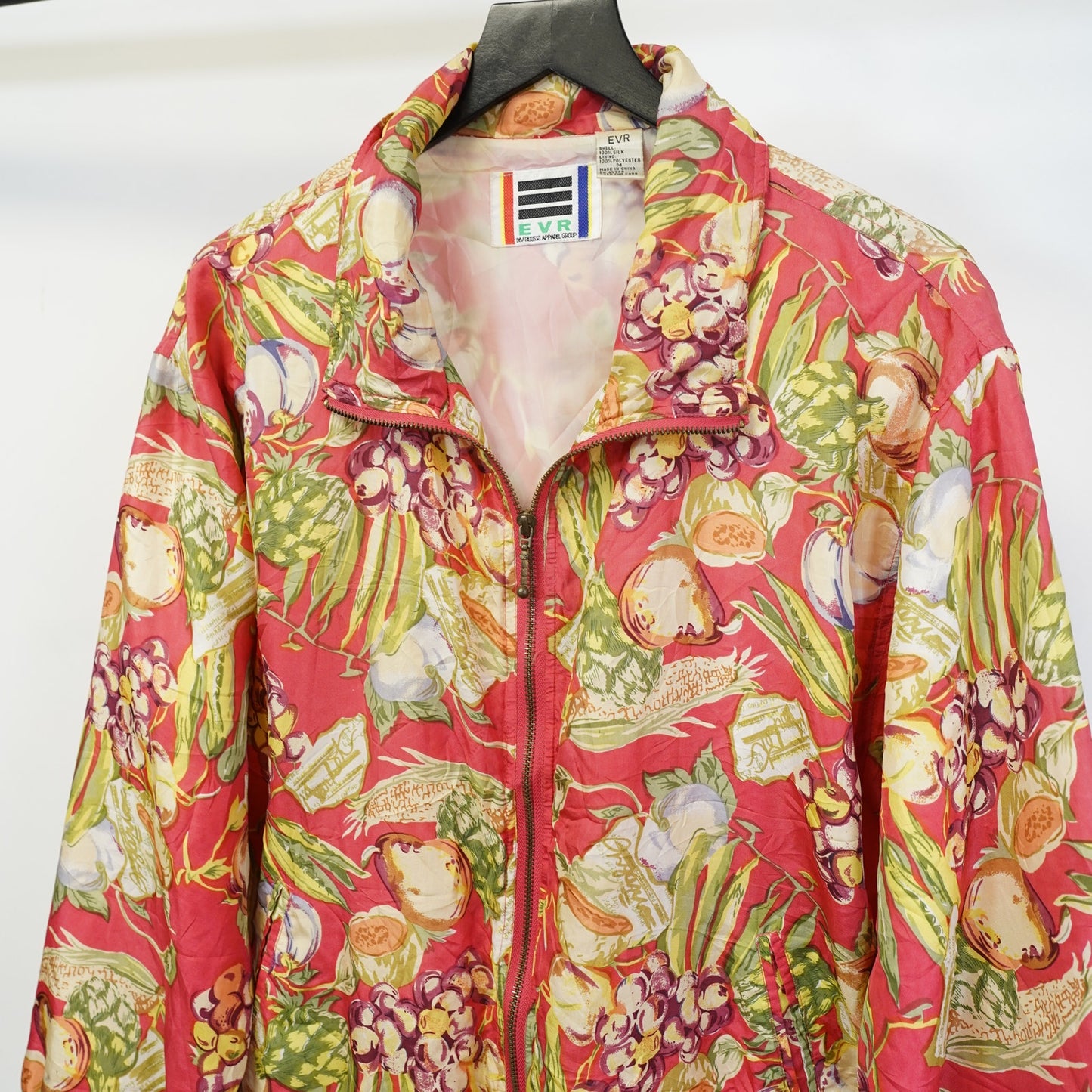 Vintage Tropical Floral Fruit Print EVR Silk Jacket Women's L Pink 90s Hawaiian